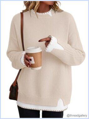 Womens Ribbed Knit Crew Neck Oversized Sweater Long Sleeve Pullover